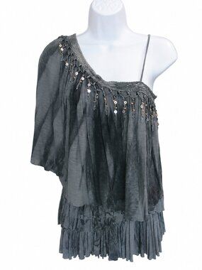 Free People Charcoal Gray Beaded One Shoulder Top | Size XS